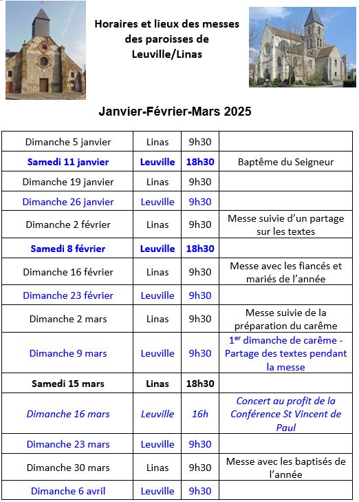 Horaires messes Jan Fév Mars 2025